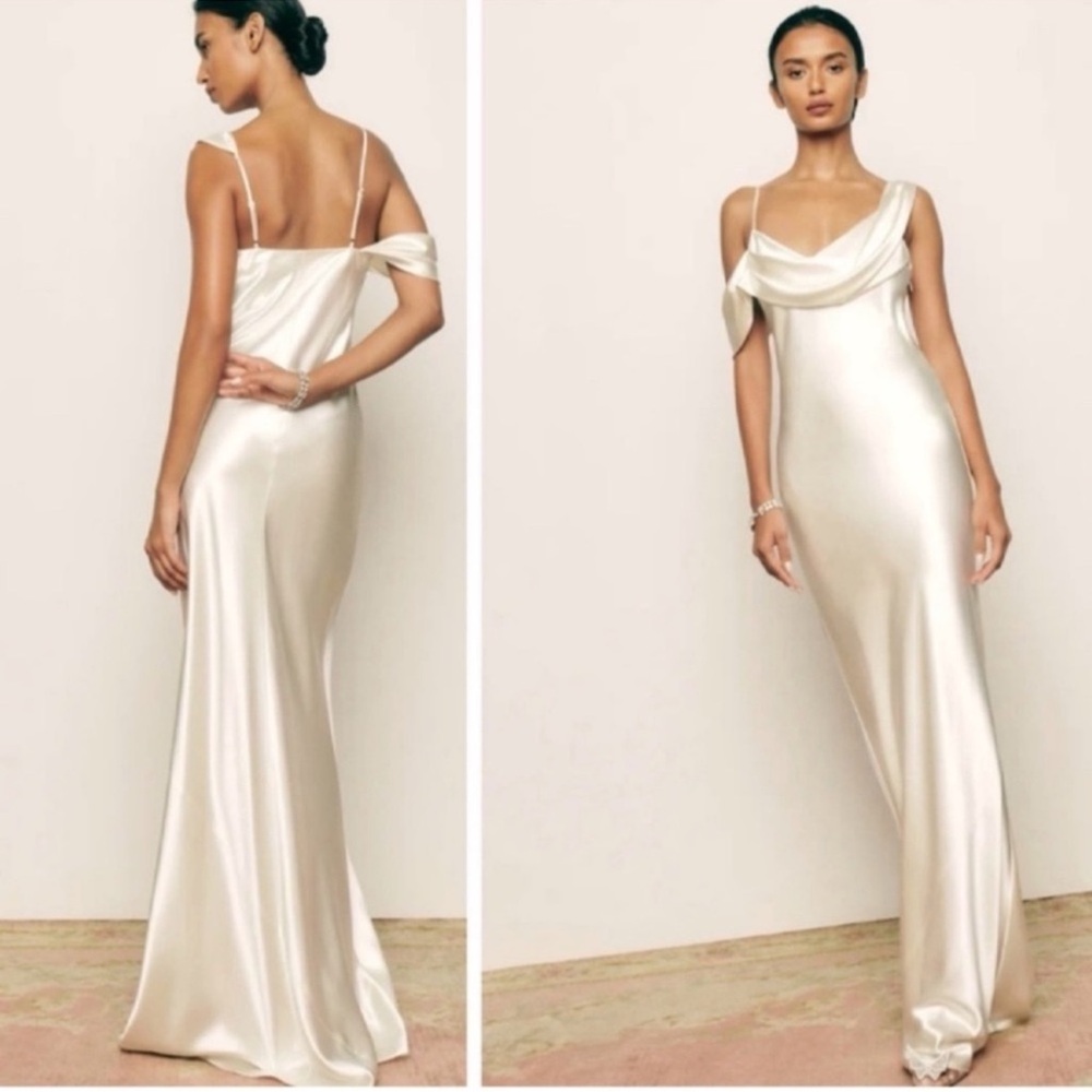 NWT Reformation Ronda One ShoulderAsymmetrical Neckline Silk Dress Ivory Sz 8 - Picture 2 of 16
